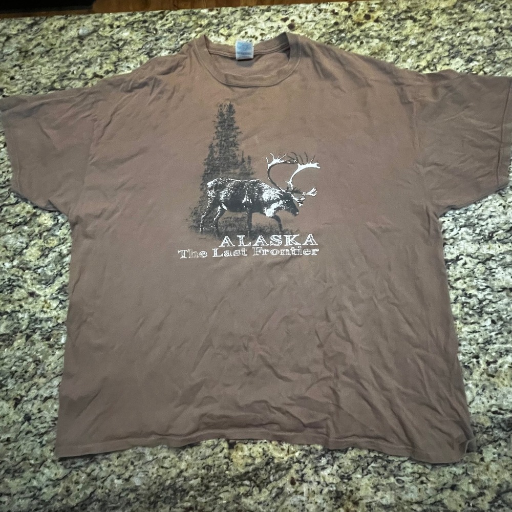 Alaska The Last Frontier Caribou Graphic T-Shirt Mens 2XL Brown Cotton‎